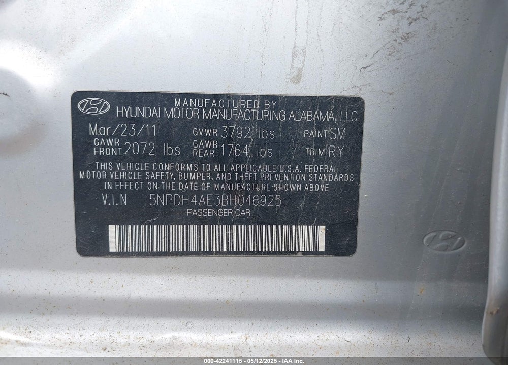 2011 HYUNDAI ELANTRA VIN: 5NPDH4AE3BH046925