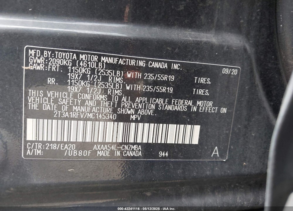 2021 TOYOTA RAV4 XLE PREMIUM VIN: 2T3A1RFV7MC145340