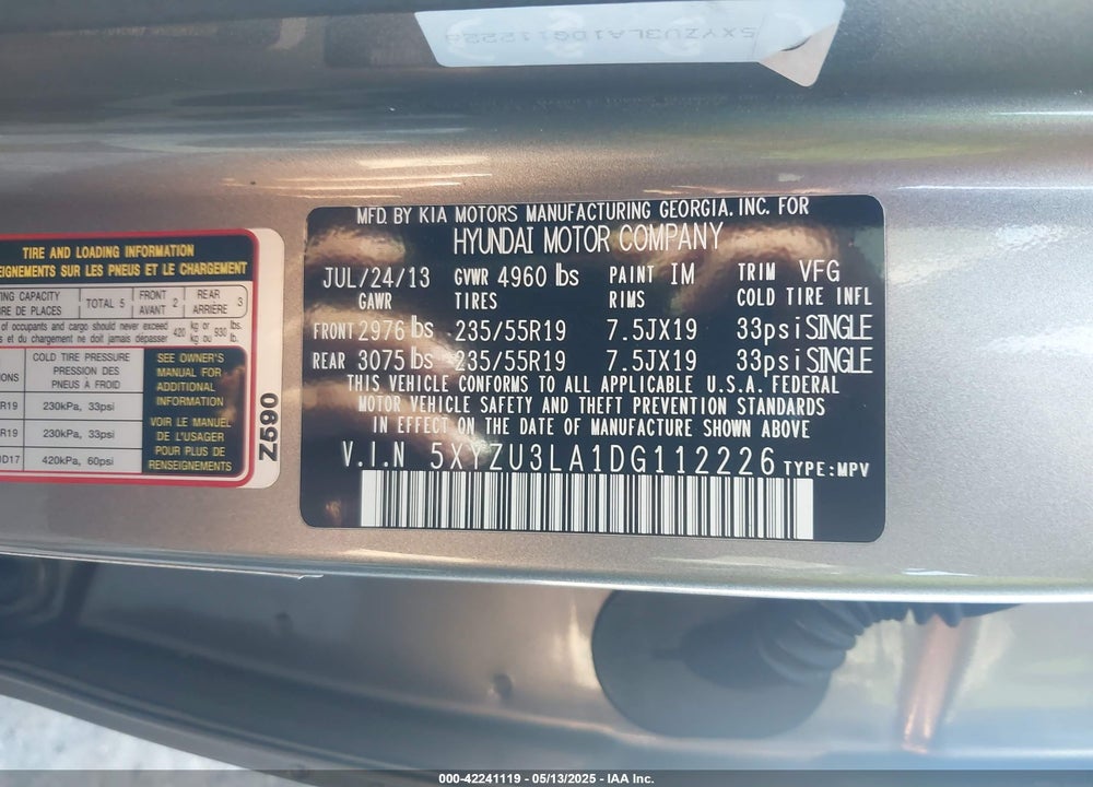 2013 HYUNDAI SANTA FE VIN: 5XYZU3LA1DG112226