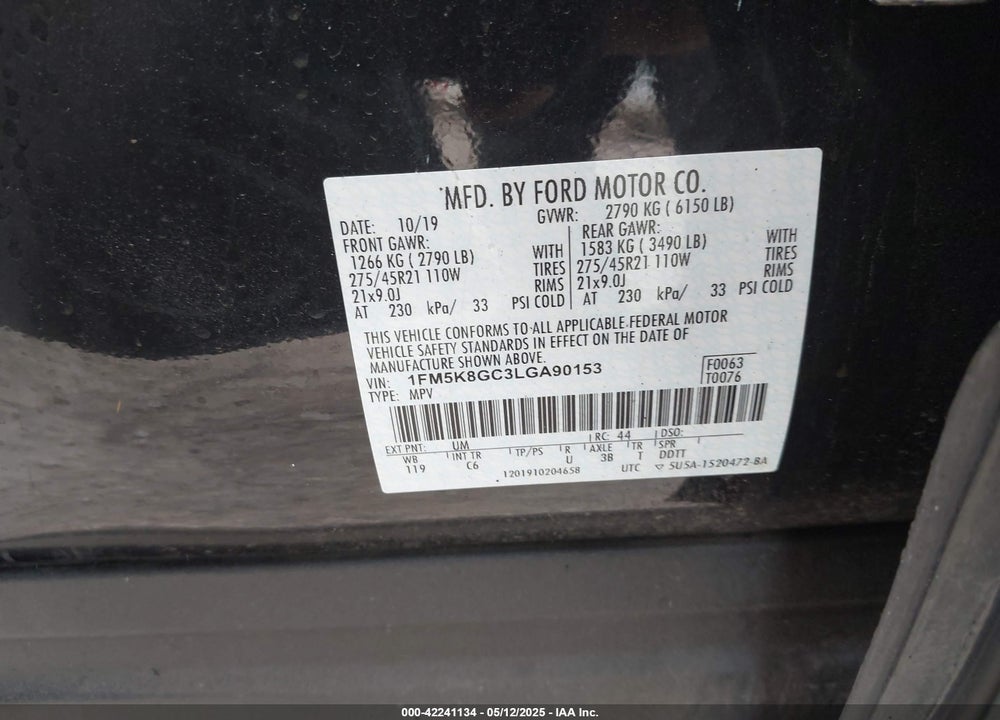 2020 FORD EXPLORER ST VIN: 1FM5K8GC3LGA90153