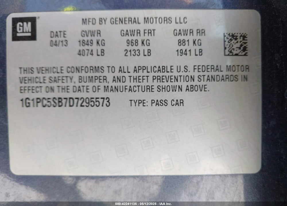 2013 CHEVROLET CRUZE 1LT AUTO VIN: 1G1PC5SB7D7295573