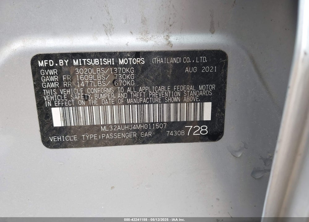 2021 MITSUBISHI MIRAGE VIN: ML32AUHJ4MH011507