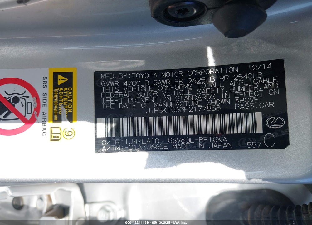 2015 LEXUS ES 350 VIN: JTHBK1GG3F2177858