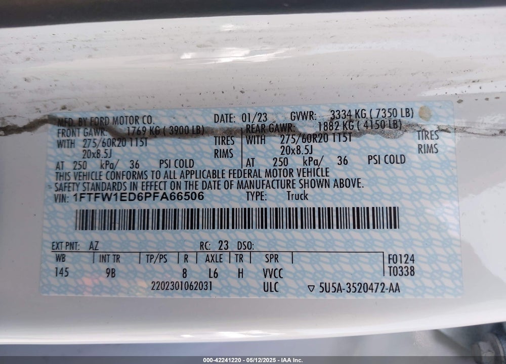 2023 FORD F-150 PLATINUM VIN: 1FTFW1ED6PFA66506