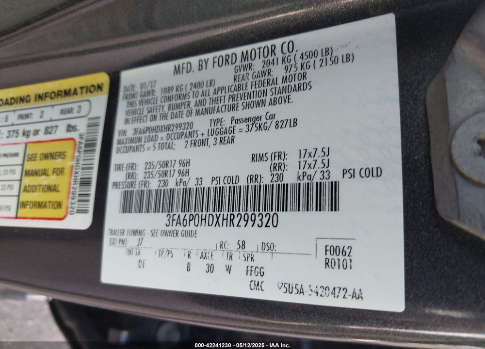 2017 FORD FUSION SE VIN: 3FA6P0HDXHR299320