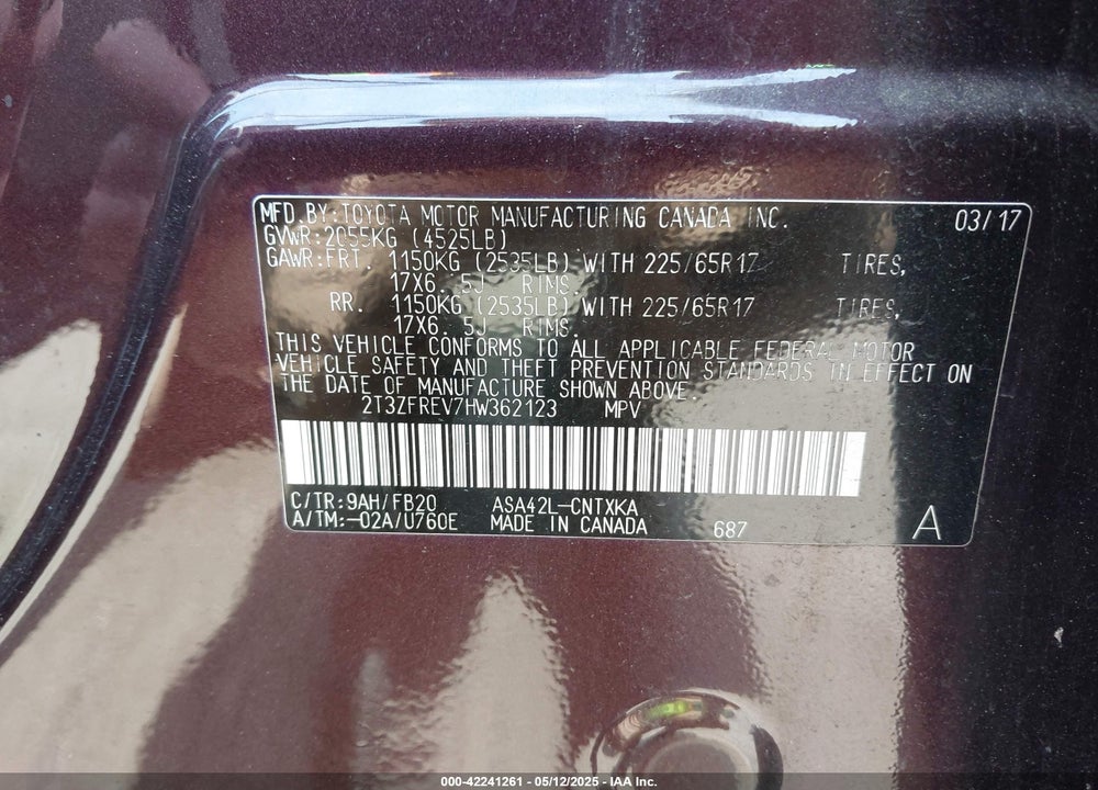 2017 TOYOTA RAV4 VIN: 2T3ZFREV7HW362123
