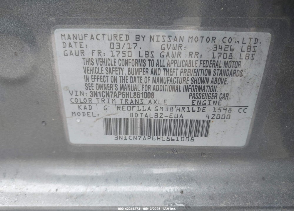 2017 NISSAN VERSA 1.6 SV VIN: 3N1CN7AP6HL861008