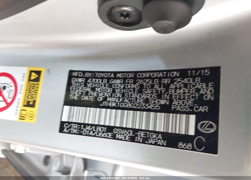 2016 LEXUS ES VIN: JTHBK1GG8G2233455