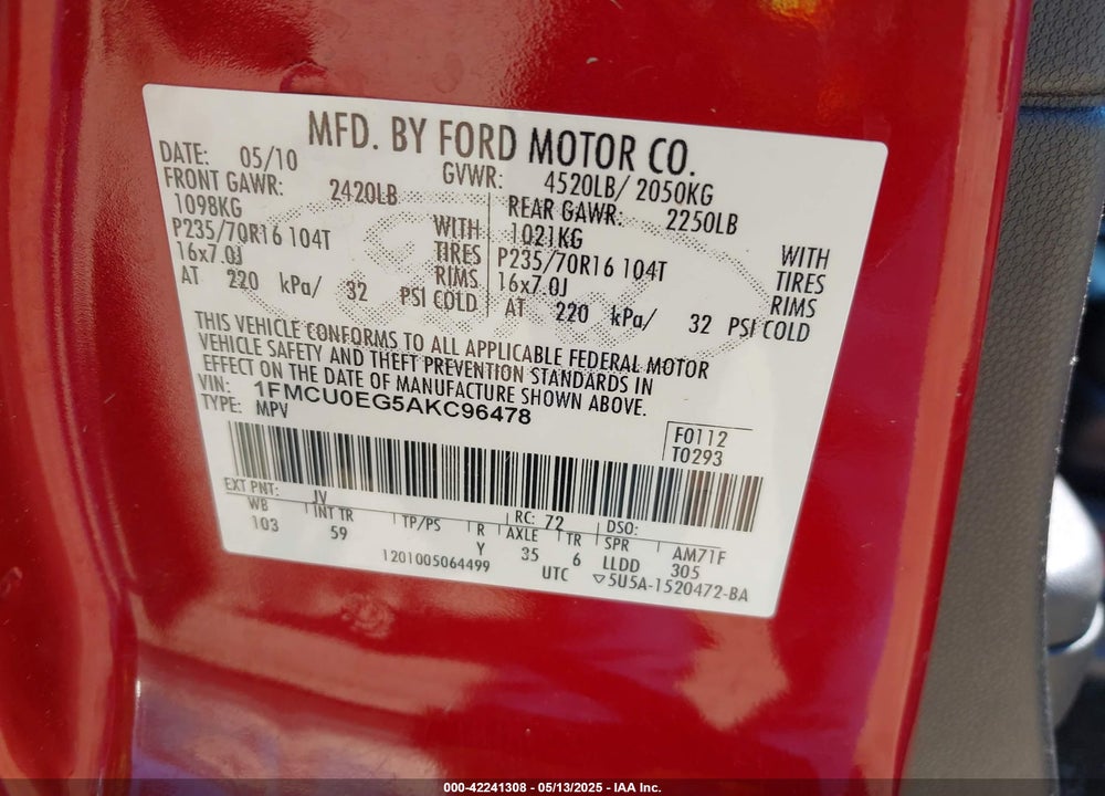 2010 FORD ESCAPE VIN: 1FMCU0EG5AKC96478