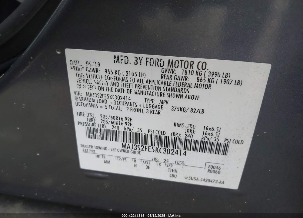 2019 FORD ECOSPORT VIN: MAJ3S2FE5KC302414