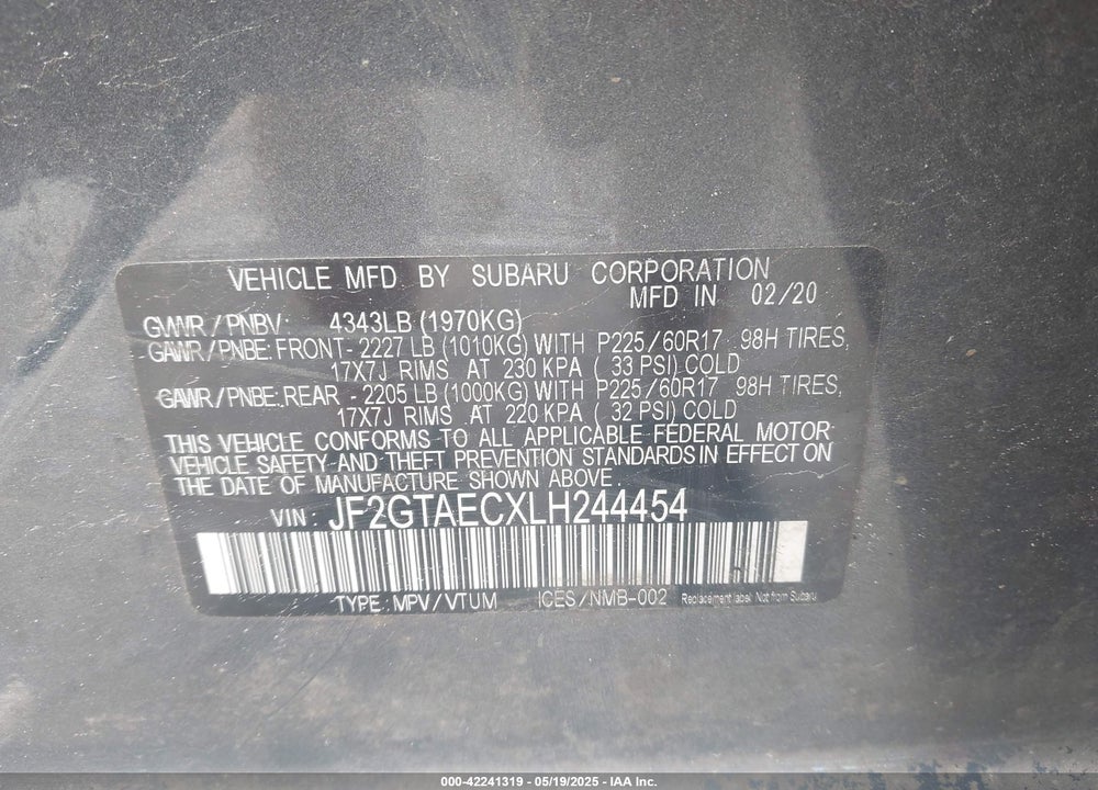 2020 SUBARU CROSSTREK PREMIUM VIN: JF2GTAECXLH244454
