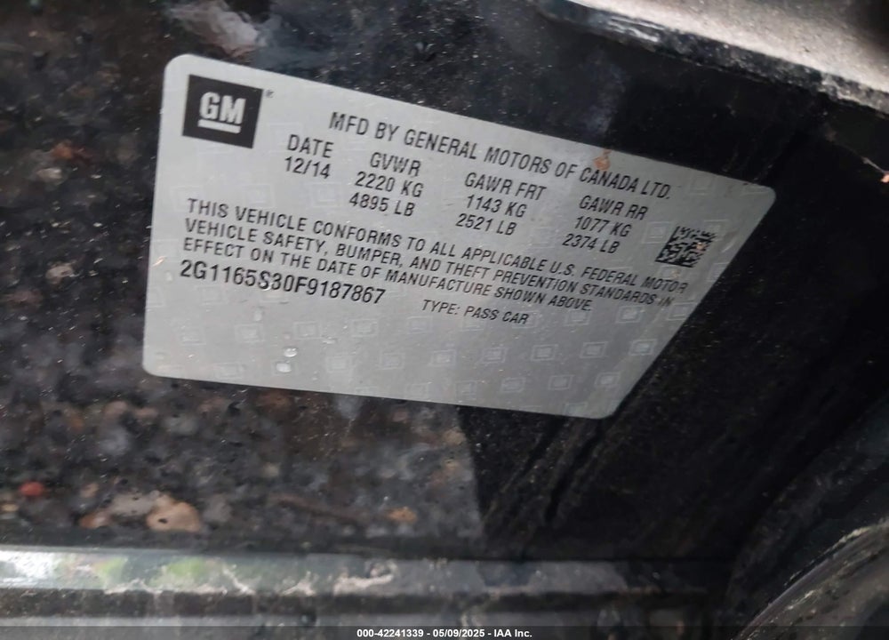 2015 CHEVROLET IMPALA 2LZ VIN: 2G1165S30F9187867