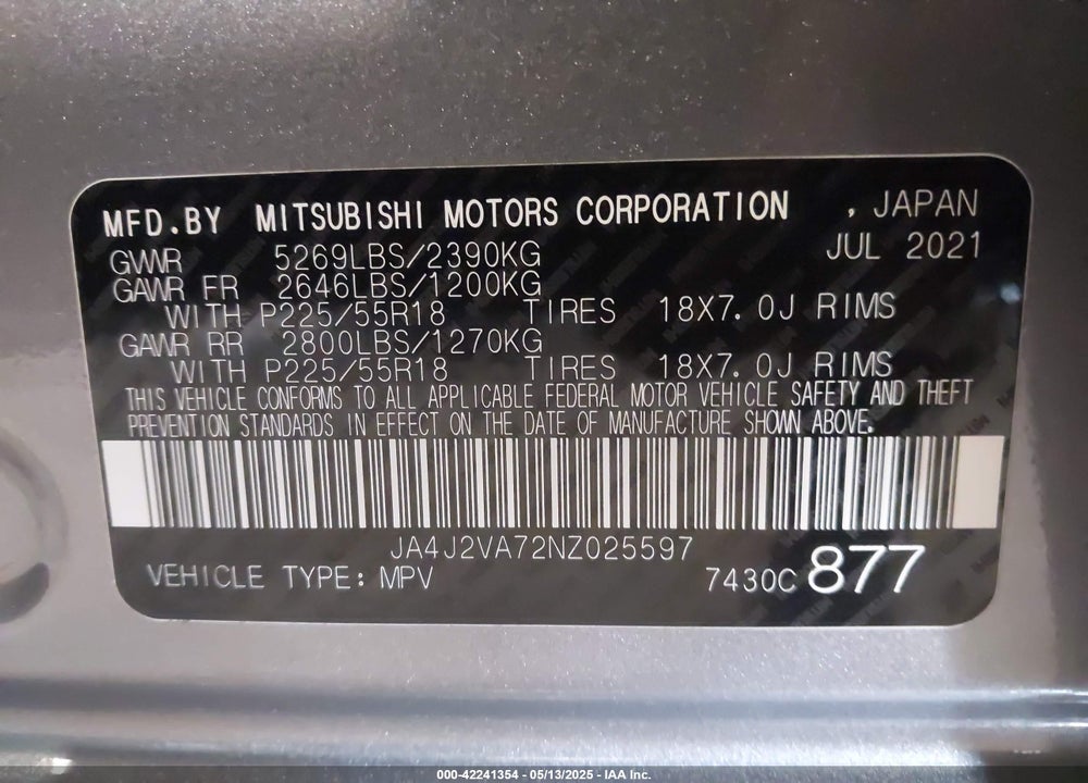 2022 MITSUBISHI OUTLANDER PHEV VIN: JA4J2VA72NZ025597