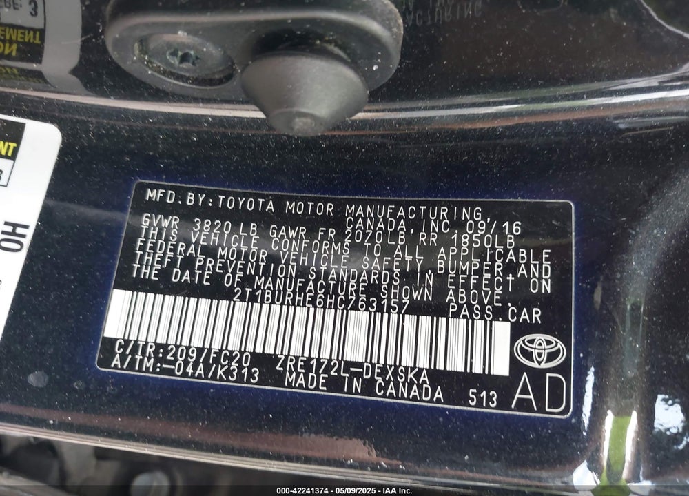 2017 TOYOTA COROLLA SE VIN: 2T1BURHE6HC763157