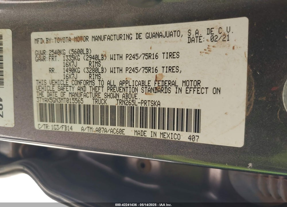 2021 TOYOTA TACOMA SR VIN: 3TYAX5GN3MT015565