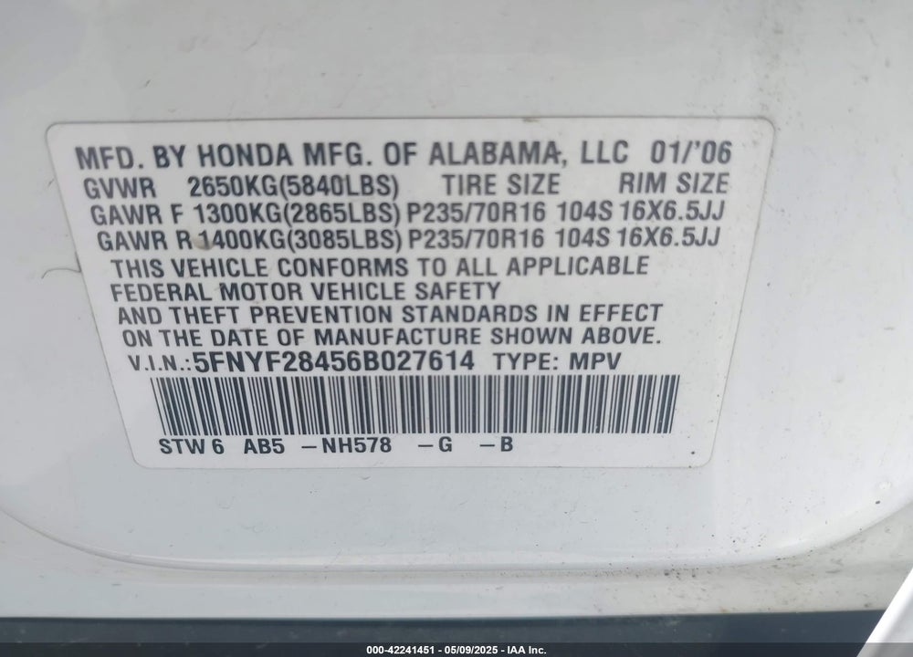 2006 HONDA PILOT EX VIN: 5FNYF28456B027614