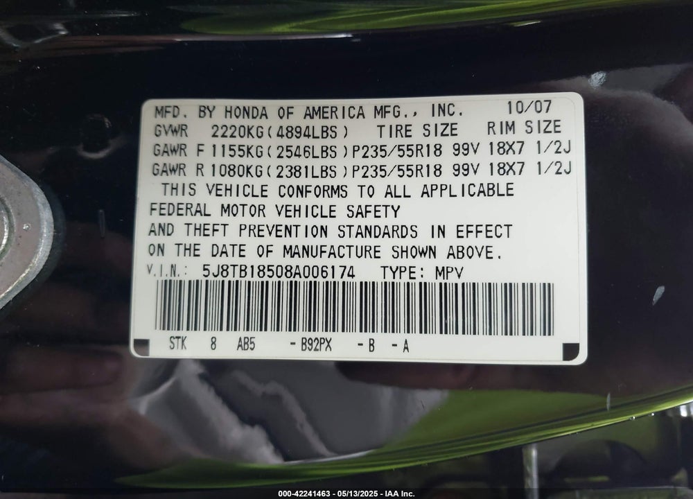 2008 ACURA RDX VIN: 5J8TB18508A006174