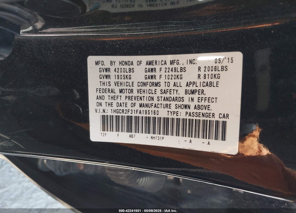 2015 HONDA ACCORD LX VIN: 1HGCR2F31FA195160