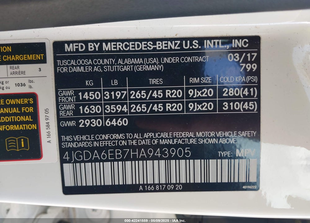 2017 MERCEDES-BENZ AMG GLE 43 4MATIC VIN: 4JGDA6EB7HA943905