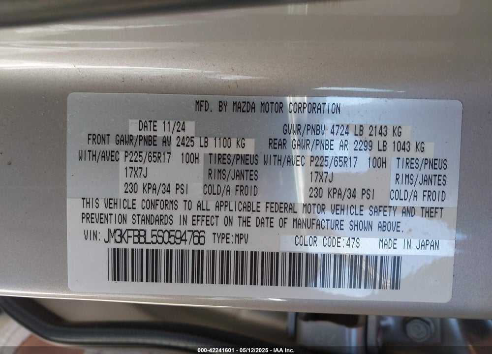 2025 MAZDA CX-5 2.5 S SELECT VIN: JM3KFBBL5S0594766