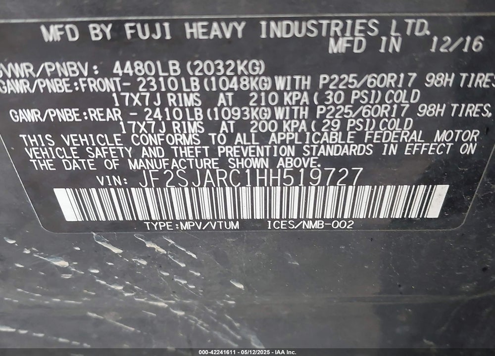 2017 SUBARU FORESTER VIN: JF2SJARC1HH519727