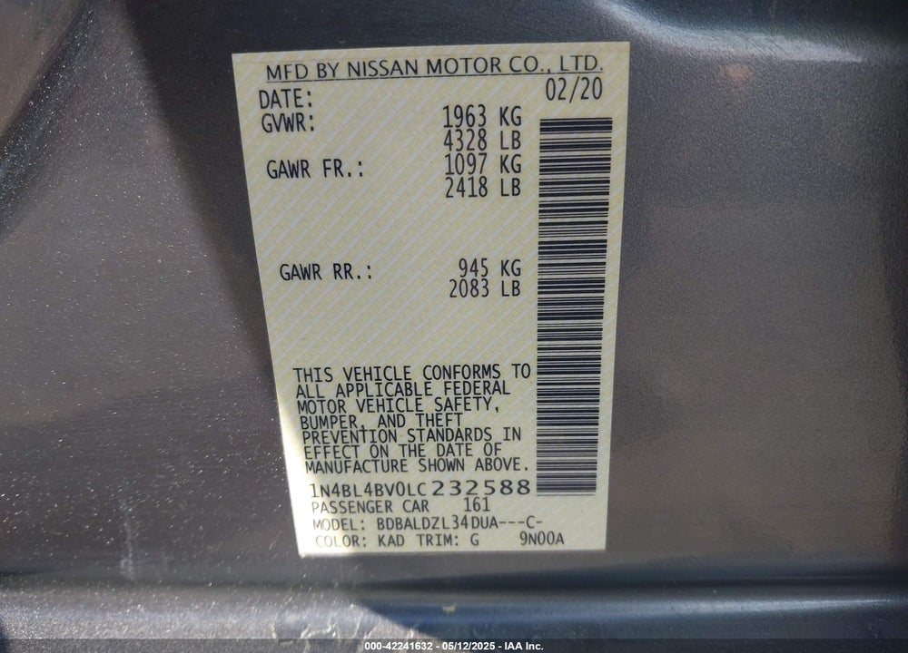 2020 NISSAN ALTIMA VIN: 1N4BL4BV0LC232588