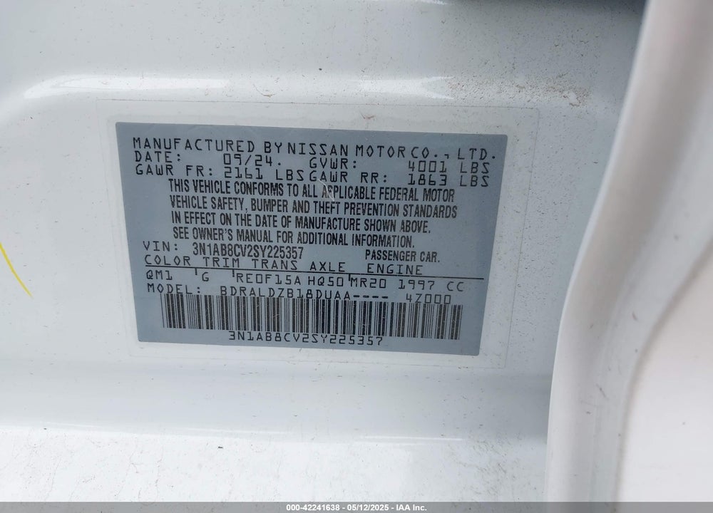 2025 NISSAN SENTRA VIN: 3N1AB8CV2SY225357