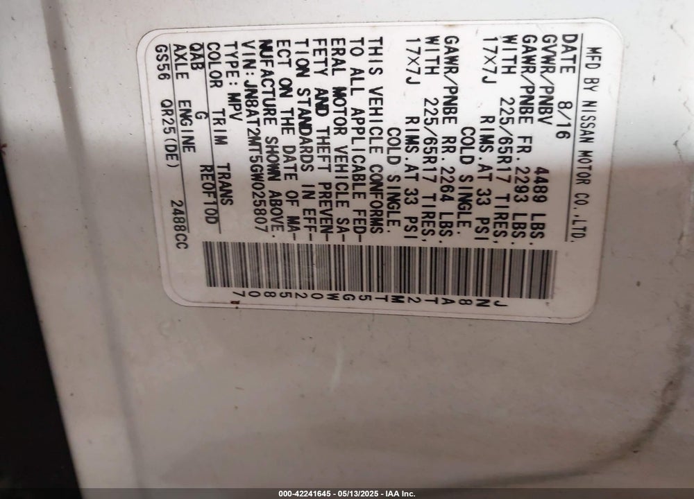 2016 NISSAN ROGUE VIN: JN8AT2MT5GW025807