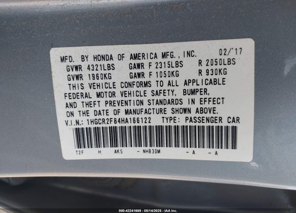 2017 HONDA ACCORD VIN: 1HGCR2F84HA166122