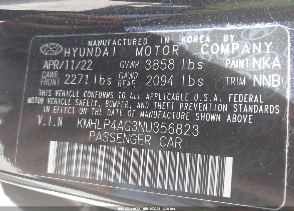 2022 HYUNDAI ELANTRA VIN: KMHLP4AG3NU356823
