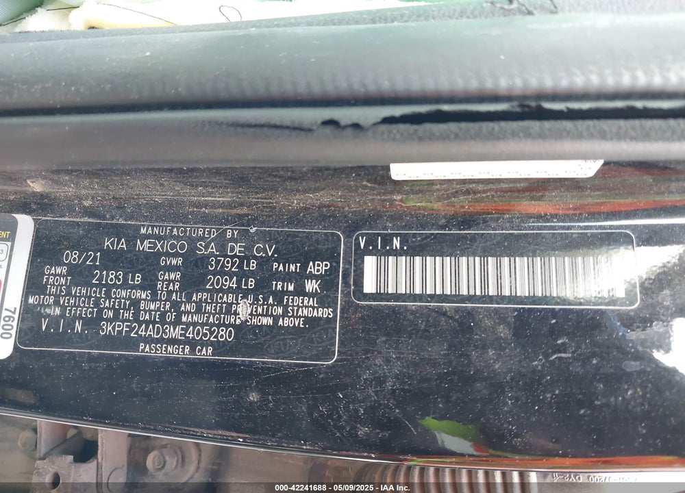 2021 KIA FORTE FE VIN: 3KPF24AD3ME405280