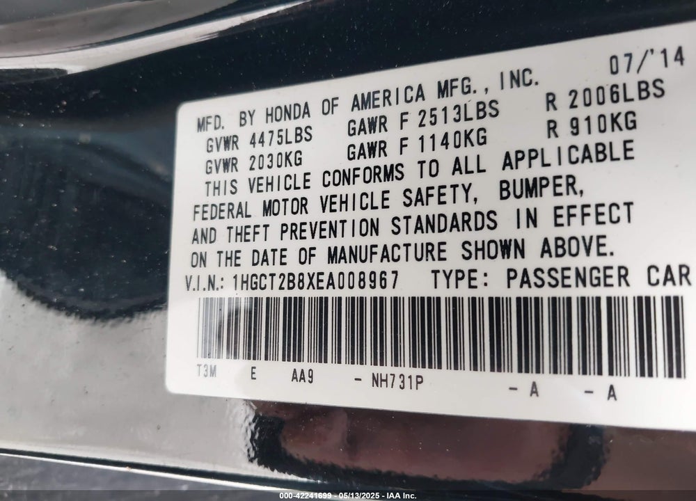 2014 HONDA ACCORD VIN: 1HGCT2B8XEA008967