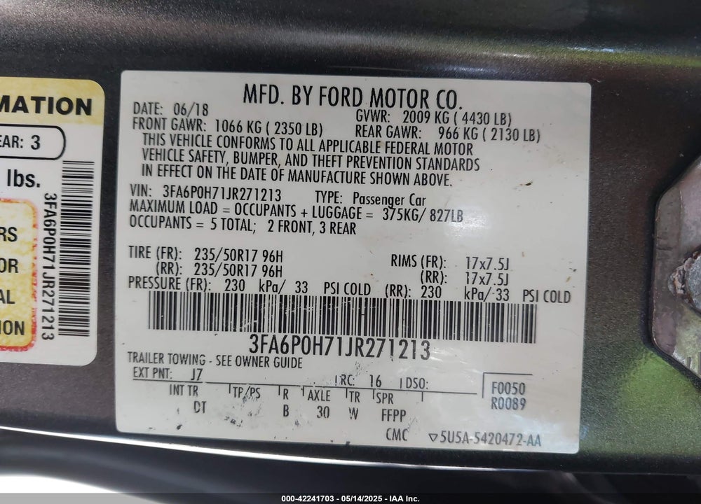 2018 FORD FUSION VIN: 3FA6P0H71JR271213