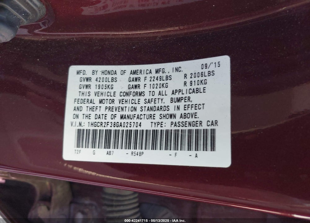 2016 HONDA ACCORD VIN: 1HGCR2F38GA025704