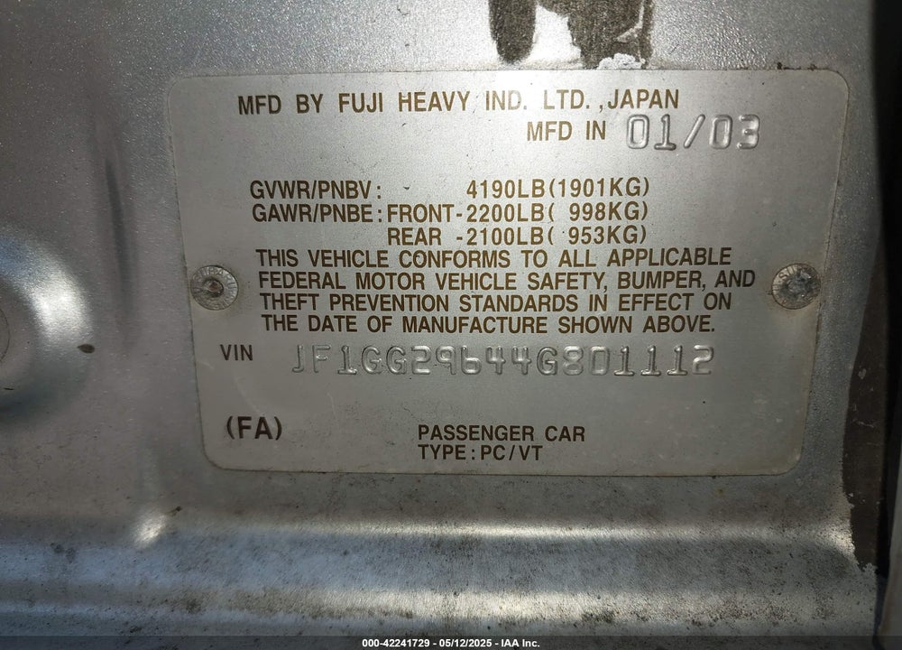 2004 SUBARU IMPREZA WRX VIN: JF1GG29644G801112