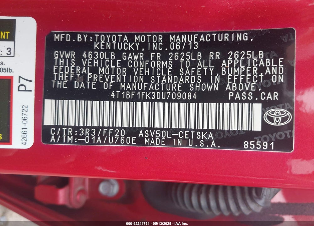 2013 TOYOTA CAMRY VIN: 4T1BF1FK3DU709084