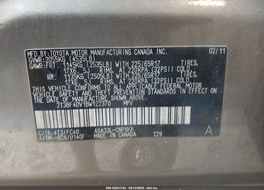 2011 TOYOTA RAV4 VIN: 2T3BF4DV1BW122370