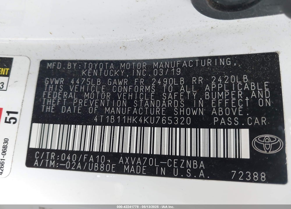 2019 TOYOTA CAMRY VIN: 4T1B11HK4KU765320