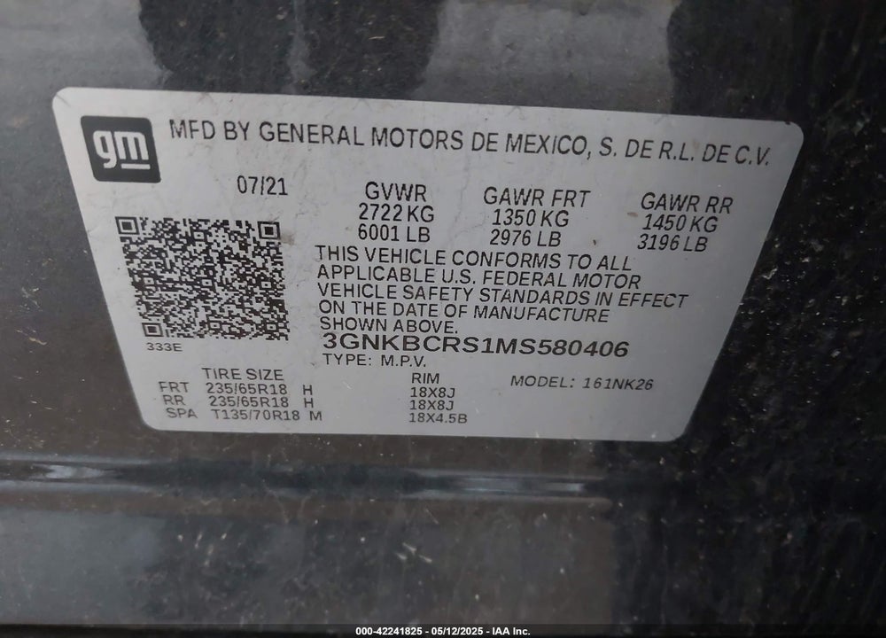 2021 CHEVROLET BLAZER VIN: 3GNKBCRS1MS580406