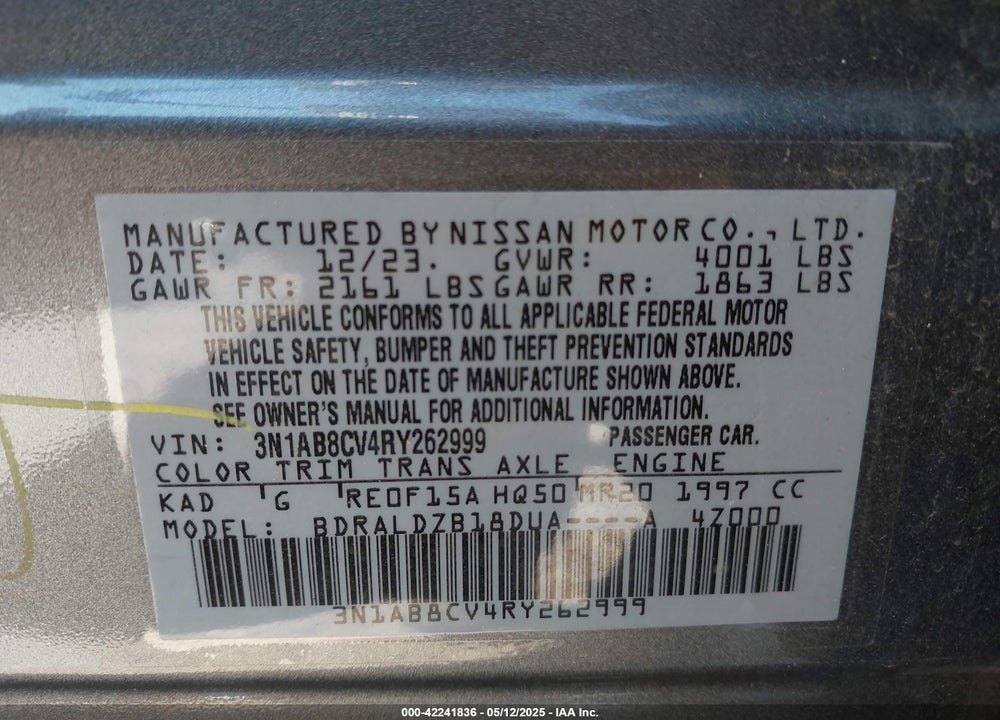 2024 NISSAN SENTRA VIN: 3N1AB8CV4RY262999