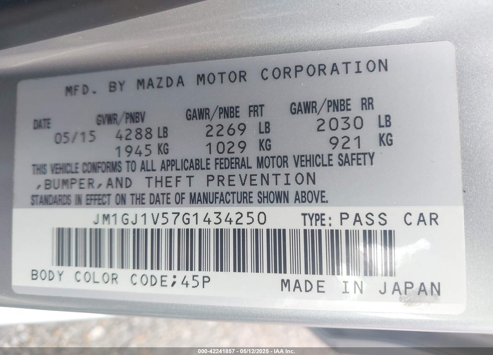 2016 MAZDA 6 I TOURING VIN: JM1GJ1V57G1434250