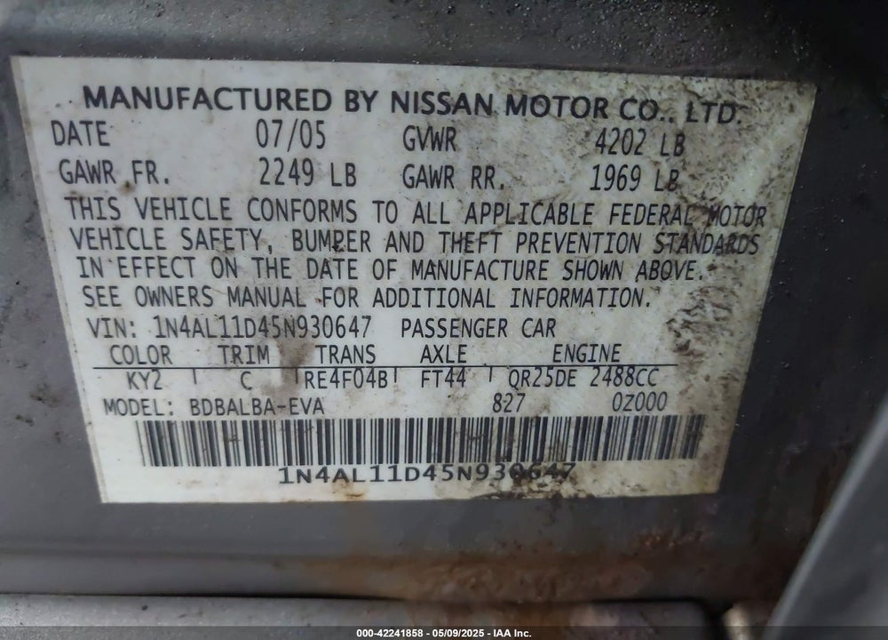 2005 NISSAN ALTIMA 2.5 S VIN: 1N4AL11D45N930647