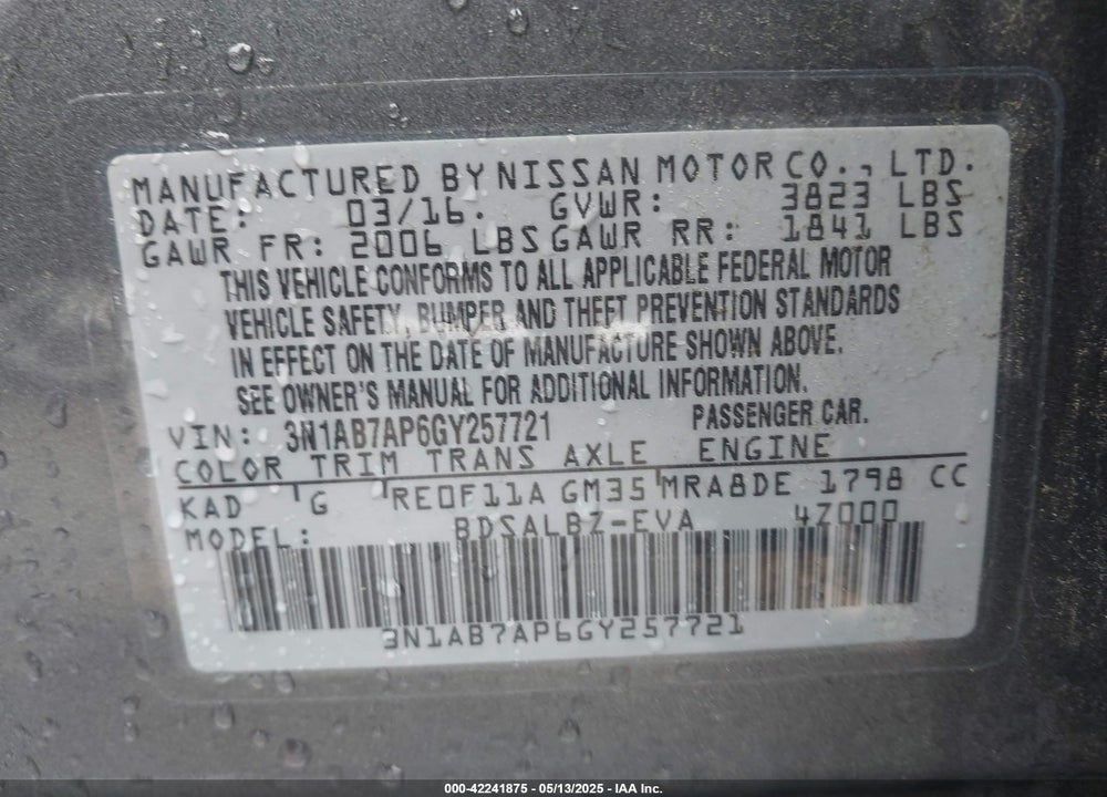 2016 NISSAN SENTRA S VIN: 3N1AB7AP6GY257721