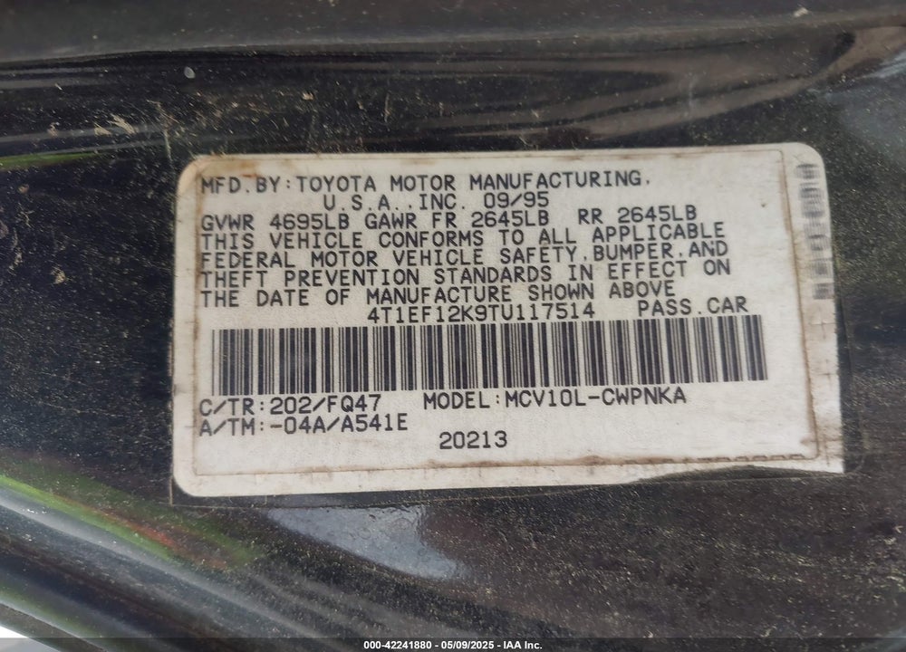 1996 TOYOTA CAMRY LE VIN: 4T1EF12K9TU117514
