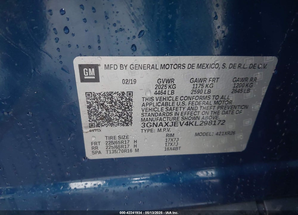 2019 CHEVROLET EQUINOX VIN: 3GNAXJEV4KL298172