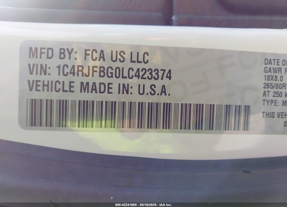 2020 JEEP GRAND CHEROKEE LIMITED 4X4 VIN: 1C4RJFBG0LC423374