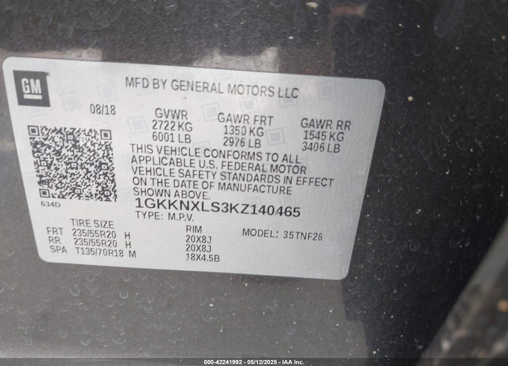 2019 GMC ACADIA VIN: 1GKKNXLS3KZ140465