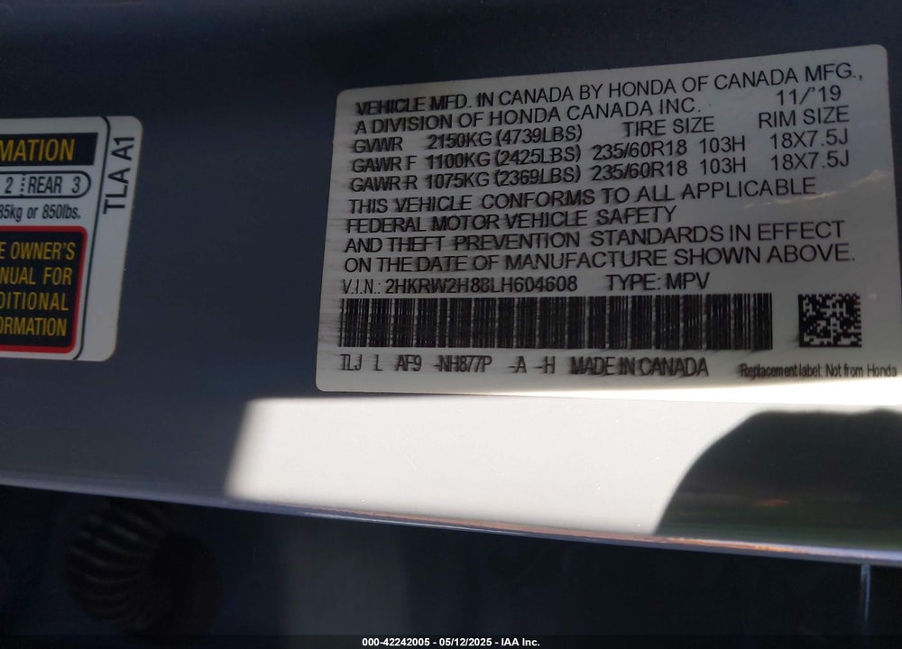 2020 HONDA CR-V VIN: 2HKRW2H88LH604608