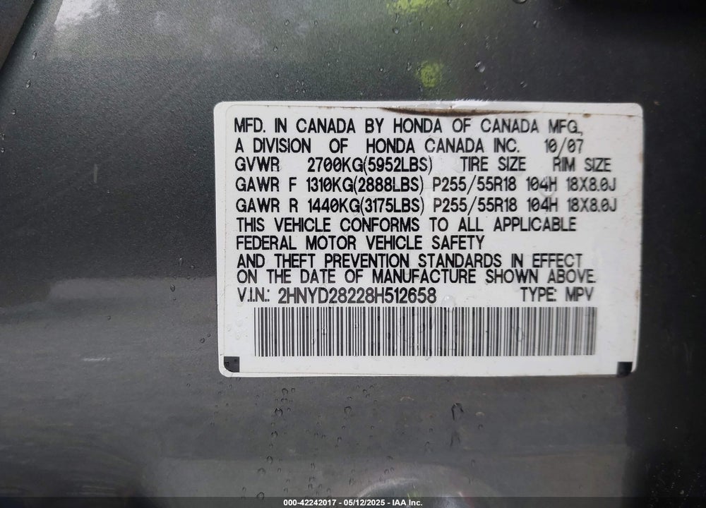 2008 ACURA MDX VIN: 2HNYD28228H512658