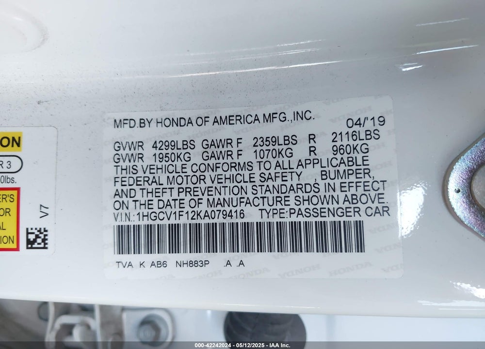 2019 HONDA ACCORD LX VIN: 1HGCV1F12KA079416